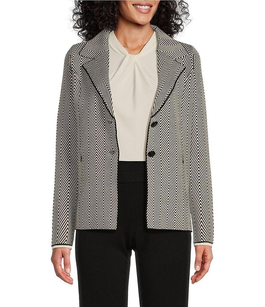 Investments Petite Size Herringbone Long Sleeve Notch Lapel Two Button Sweater Blazer Product Image