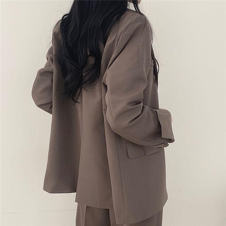 Lapel Collar Plain Single-Breasted Blazer / High Waist Wide Leg Dress Pants Product Image