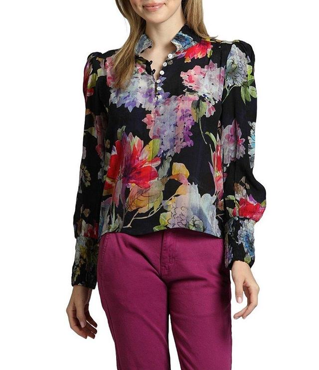 APNY Floral Print Ruched Collar Puff Long Sleeve Top Product Image