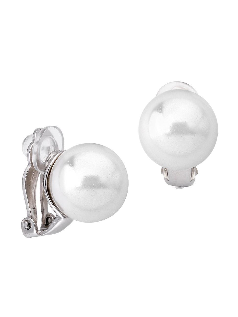 Womens Mabe Rhodium-Plated Silver Mabe White Pearl Clip Earrings In Product Image