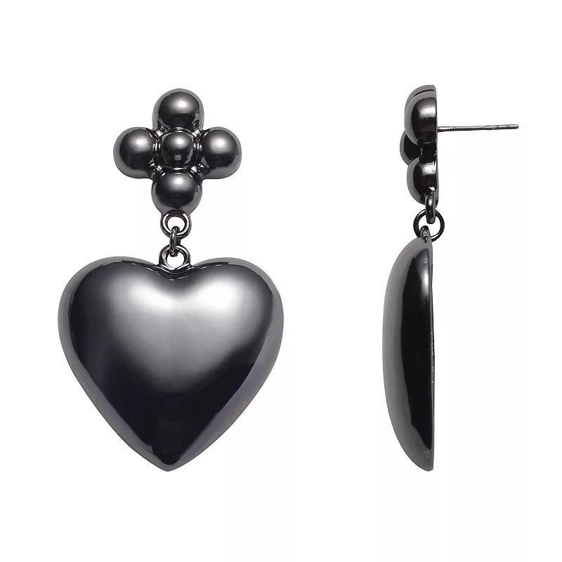 Emberly Hematite Tone Puffy Heart Drop Earrings, Womens, Black Product Image