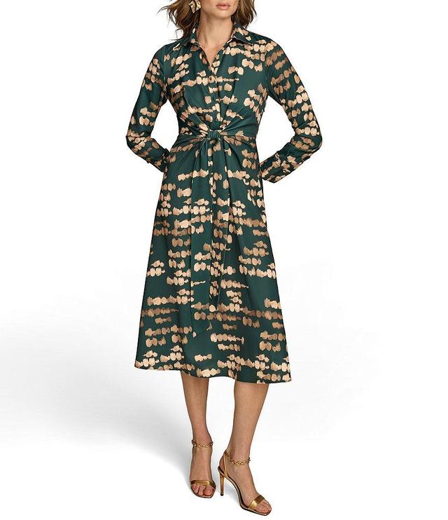 Donna Karan Printed Satin Point Collar Long Sleeve Front Dress Product Image