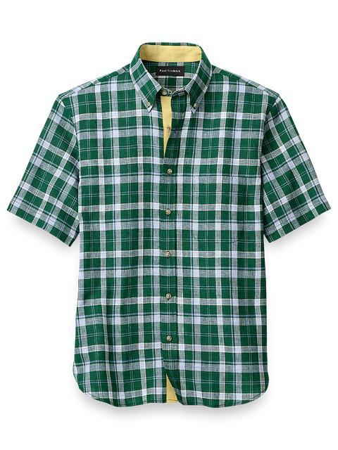 Linen Plaid Casual Shirt - Green/blue Product Image