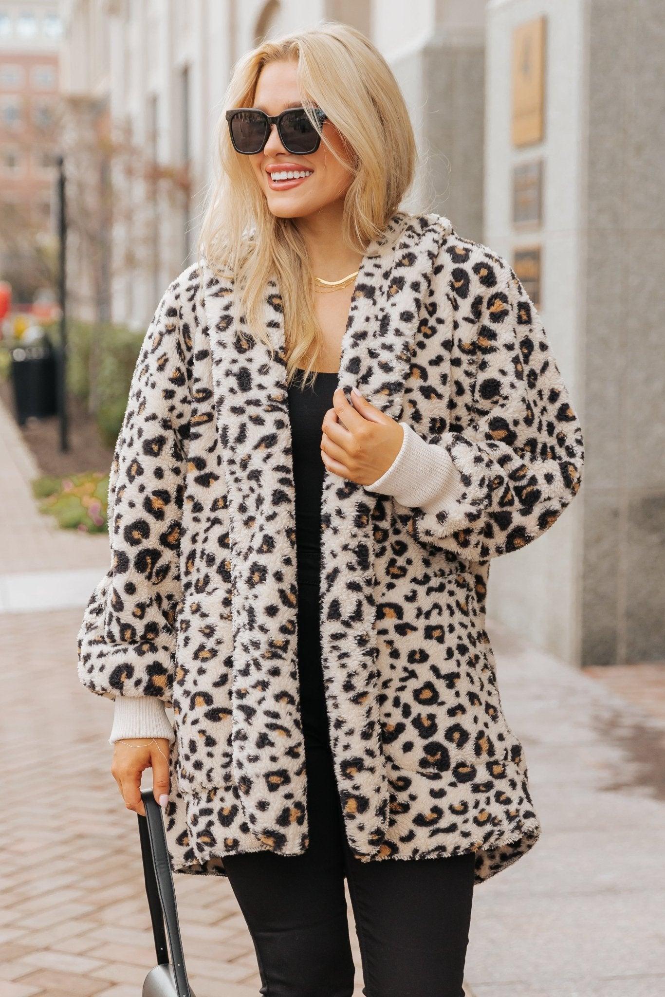 Tan Leopard Print Fur Hooded Jacket Product Image