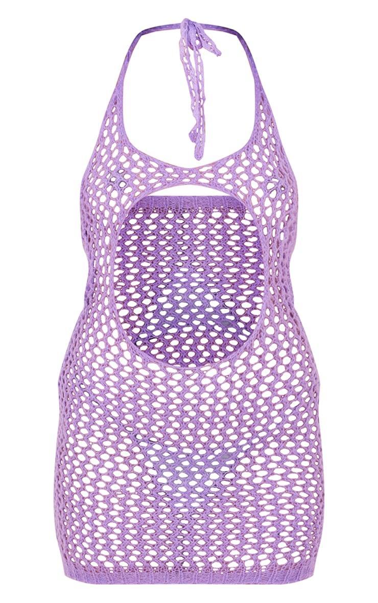 Purple Open Knit Halter Mini Dress Product Image