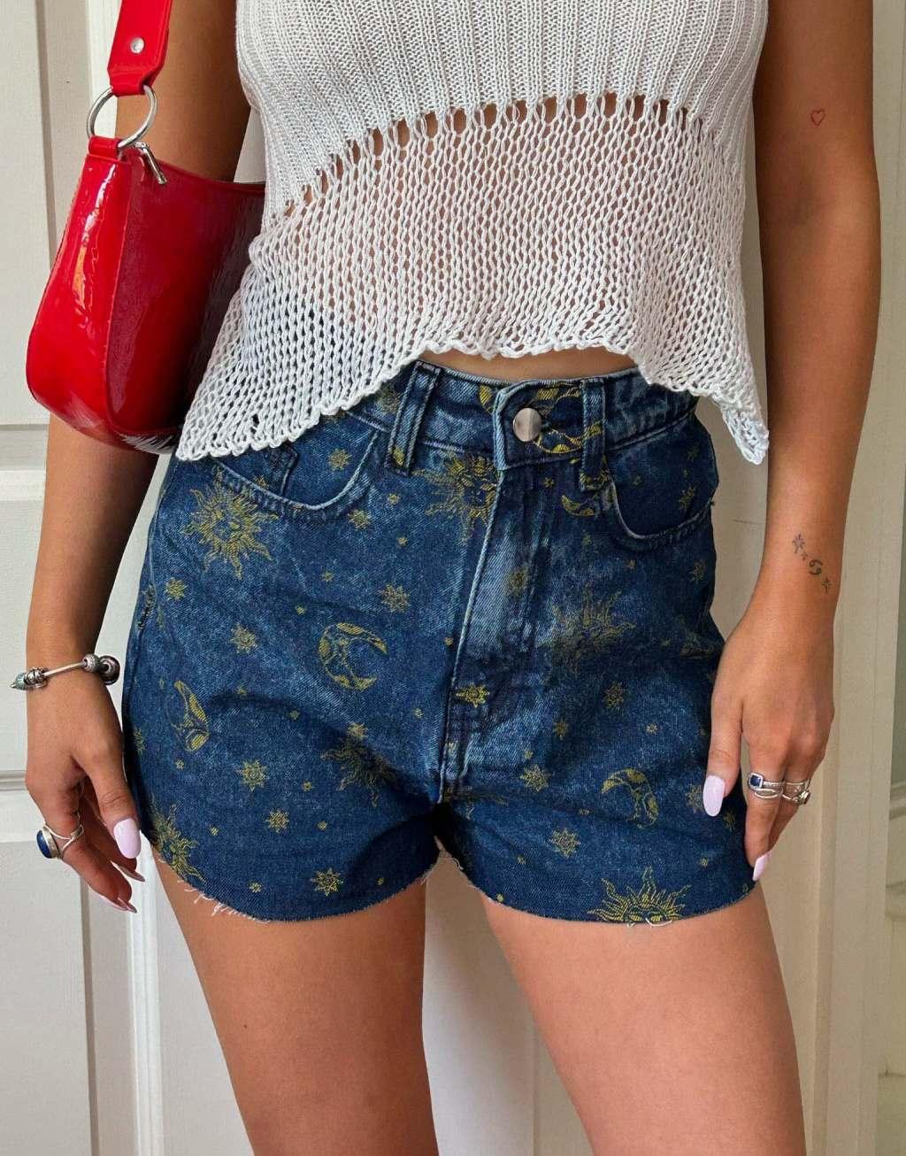 Daisy Street X Chloe Davie high waist mom shorts in denim moon print Product Image