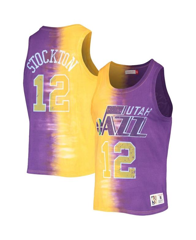 Mens Mitchell & Ness John Stockton Gold and Purple Utah Jazz Hardwood Classics Tie-Dye Name and Number Tank Top - Gold Product Image