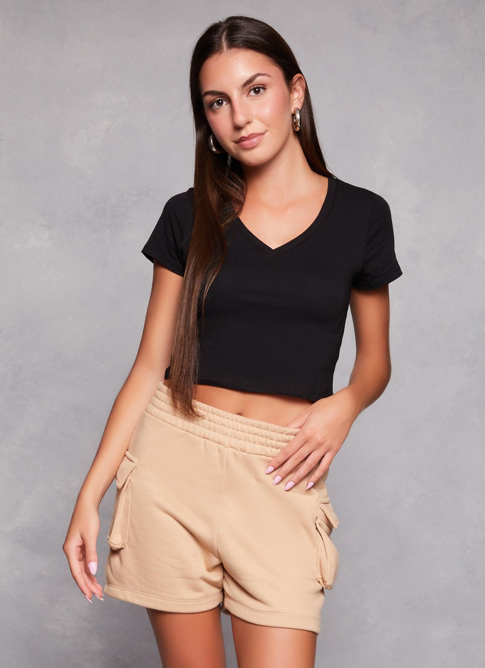 Womens Solid Cropped V Neck Tee Product Image