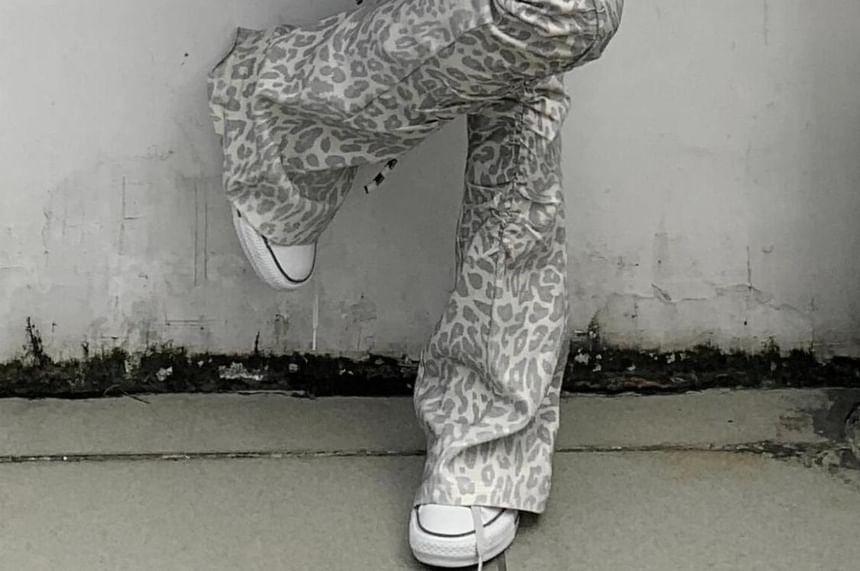 Low Rise Leopard Print Washed Bootcut Jeans Product Image