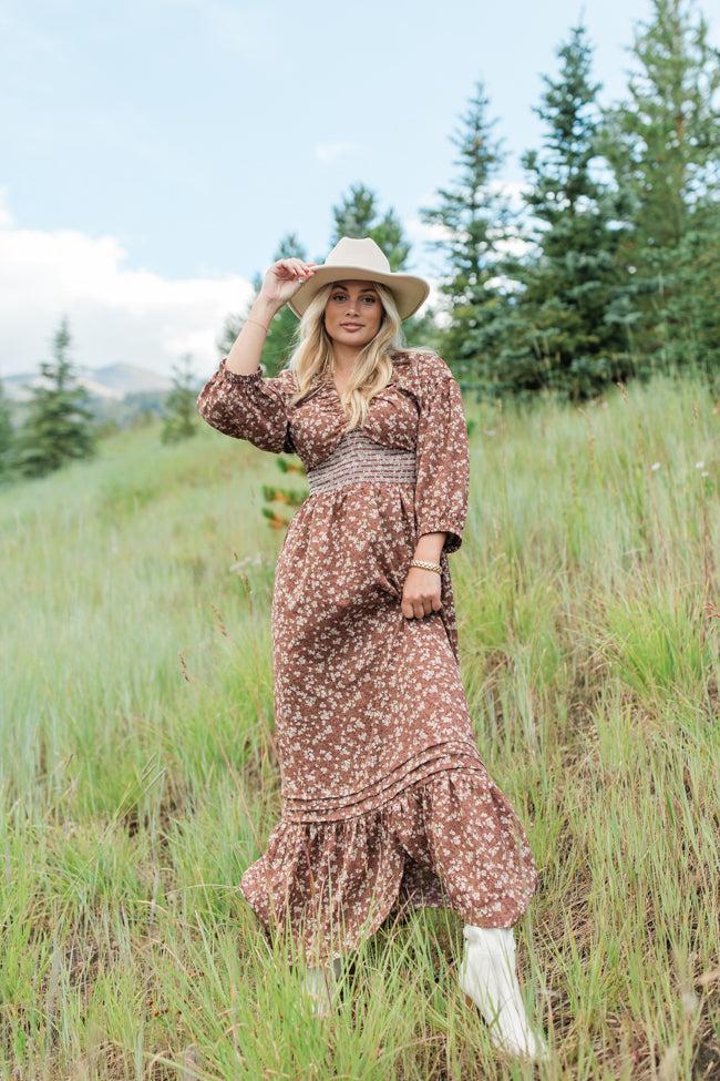 Good Intentions Brown Printed V-neck Maxi Dress Product Image