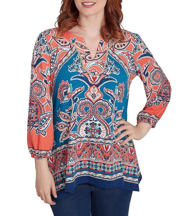 Ruby Rd. Knit Printed Split V-Neck 3/4 Sleeve Shark-Bite Hem Top Product Image