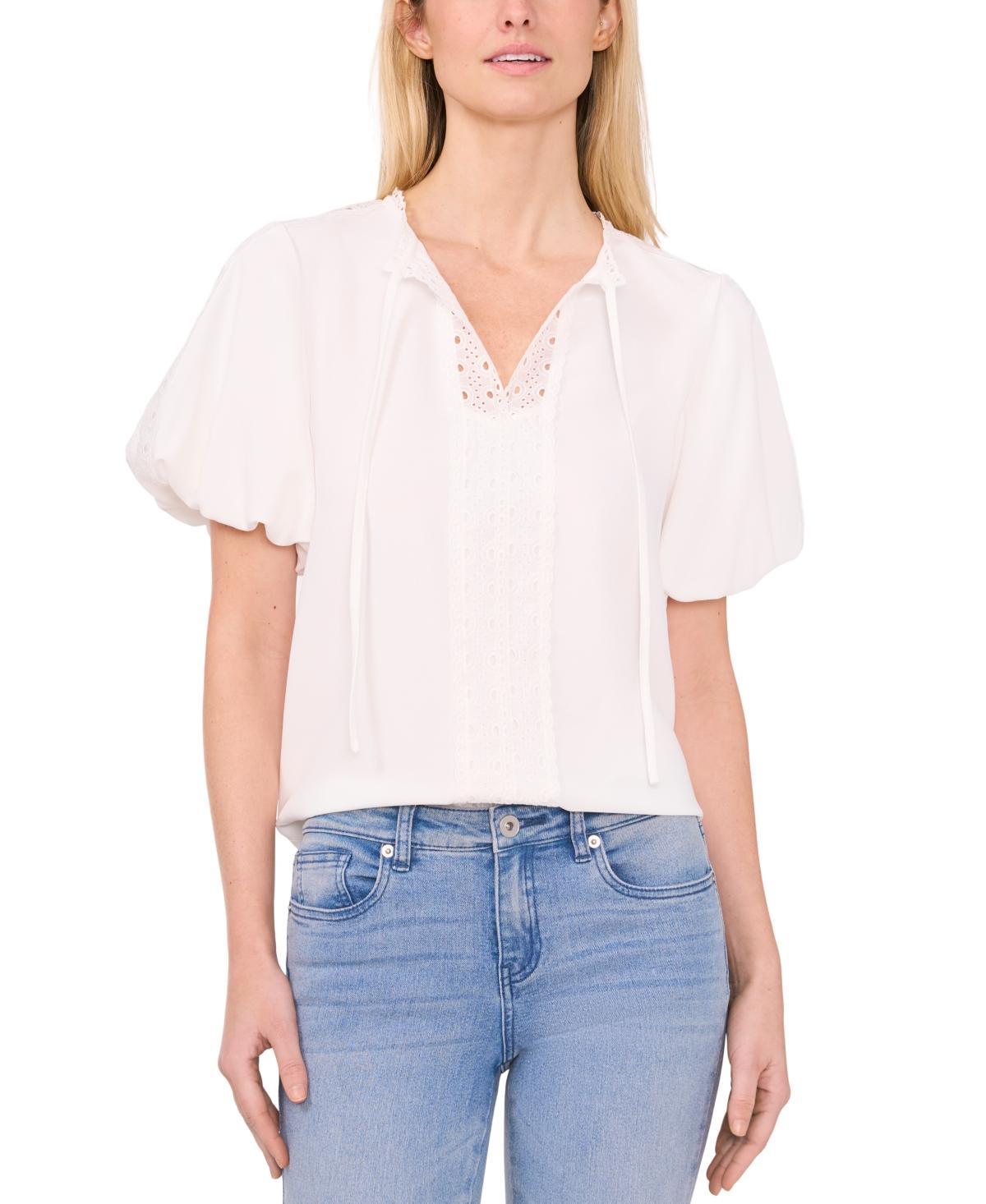 Women's Eyelet-Trim Split-Neck Puff-Sleeve Blouse  Product Image