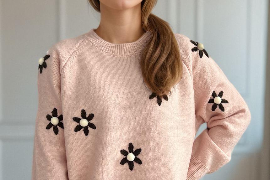 Crew Neck Floral Embroidered Pom Pom Sweater Product Image