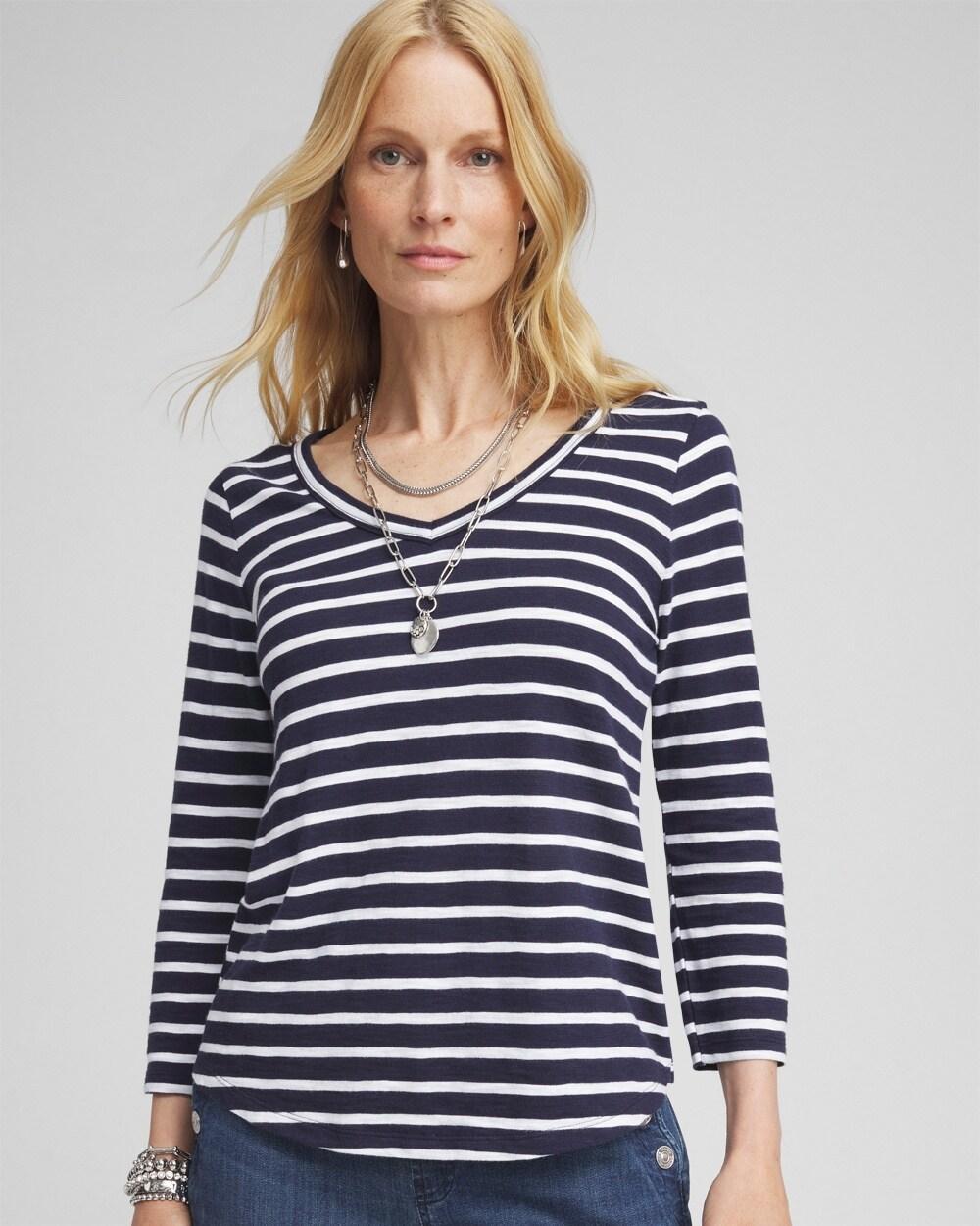 Women's Stripe V-Neck 3/4 Sleeve Tee Product Image