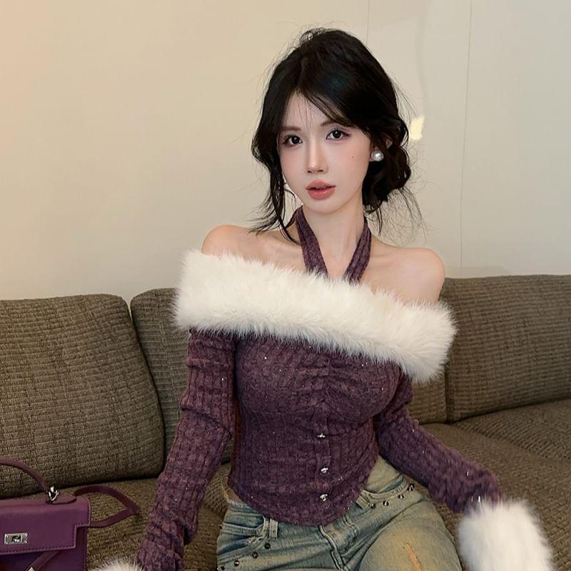 Long-Sleeve Halter Neck Off-Shoulder Fluffy Panel Glitter Slim Fit Crop Knit Top Product Image