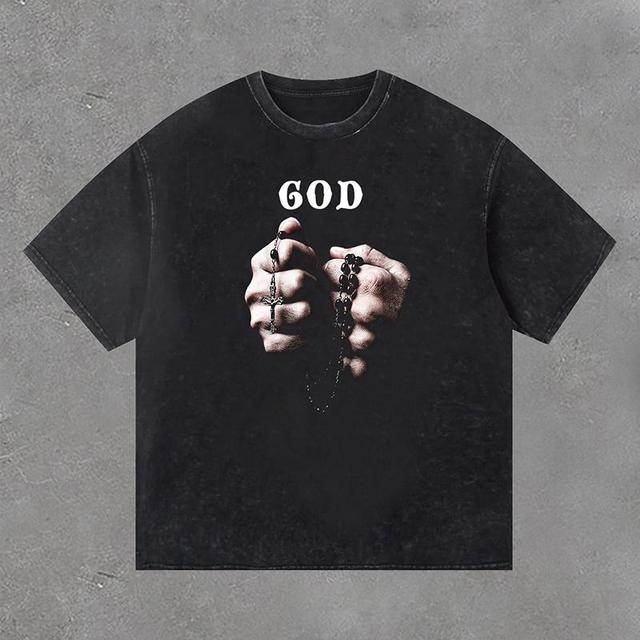 Praying Hands Graphic God Print Acid Washed T-Shirt Product Image