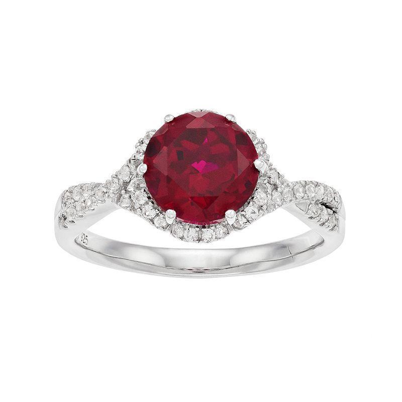 Sterling Silver Lab-Created Ruby & White Sapphire Halo Ring, Womens Product Image