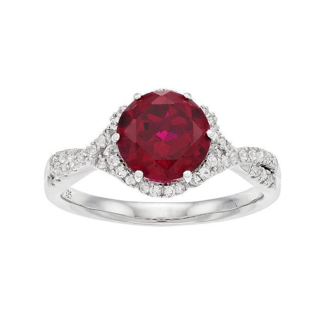 Sterling Silver Lab-Created Ruby & White Sapphire Halo Ring, Womens Red Product Image