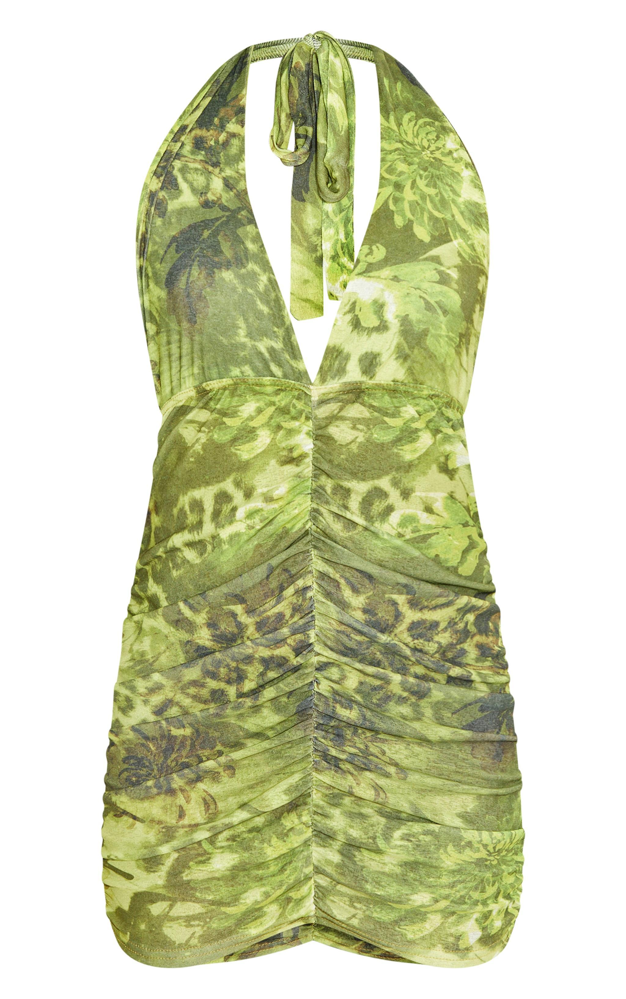 Tall Green Halterneck Print Mini Dress Product Image