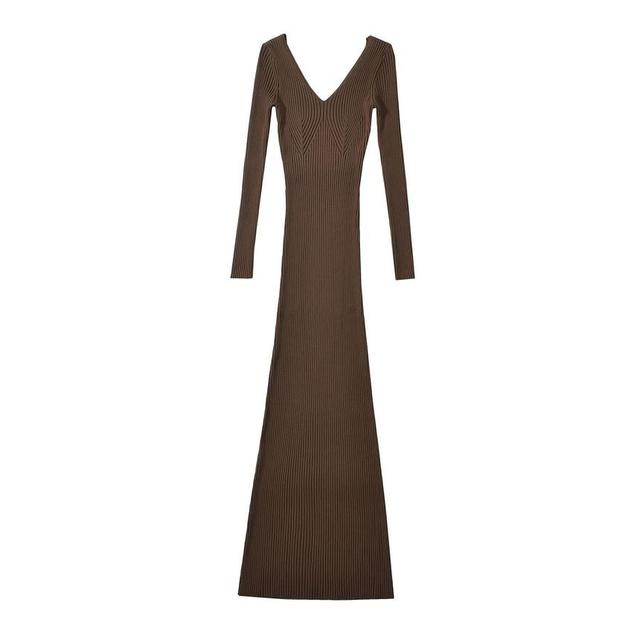 Long Sleeve V-Neck Plain Ribbed Knit Maxi Sheath Dress Product Image