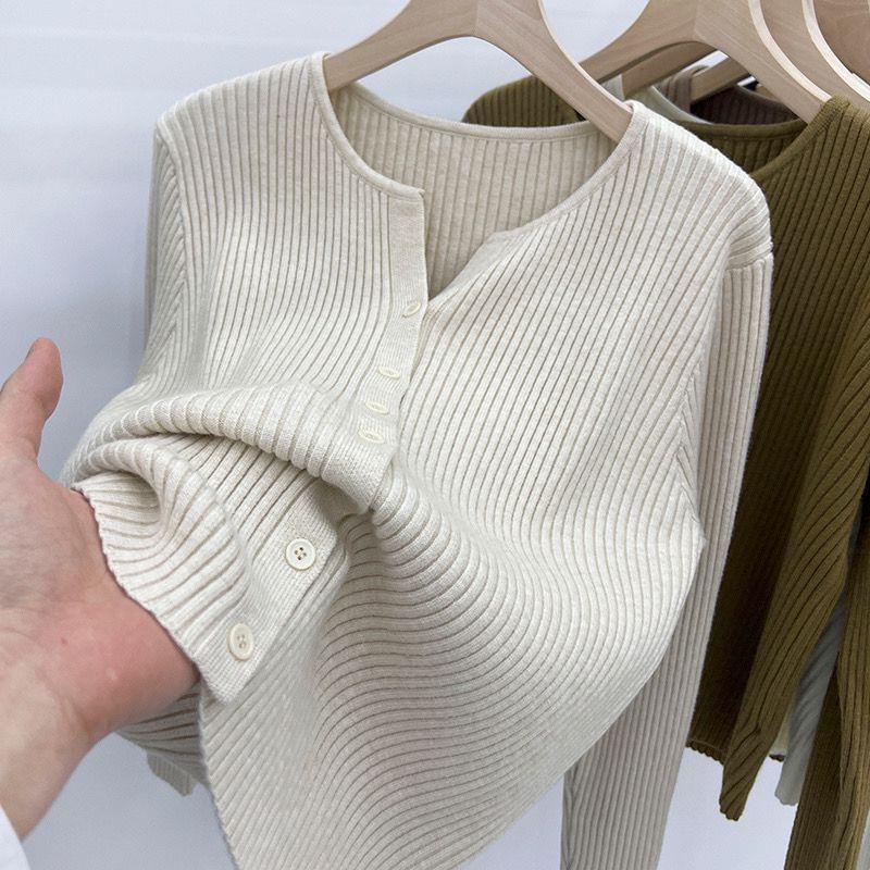 Notch Neck Plain Ribbed Cardigan Product Image