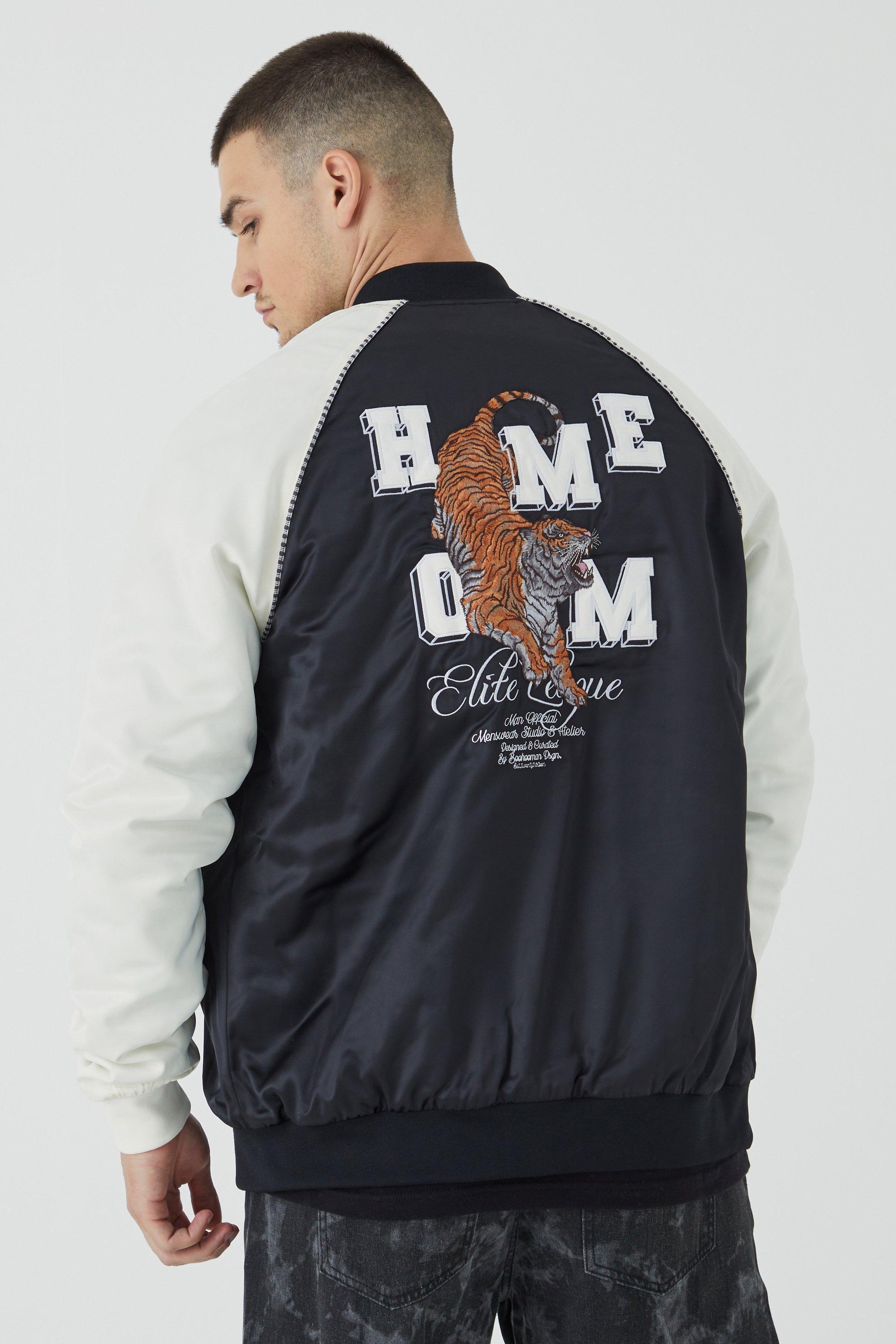 Tall Satin Souvenir Bomber With Embroidery | boohooMAN USA Product Image