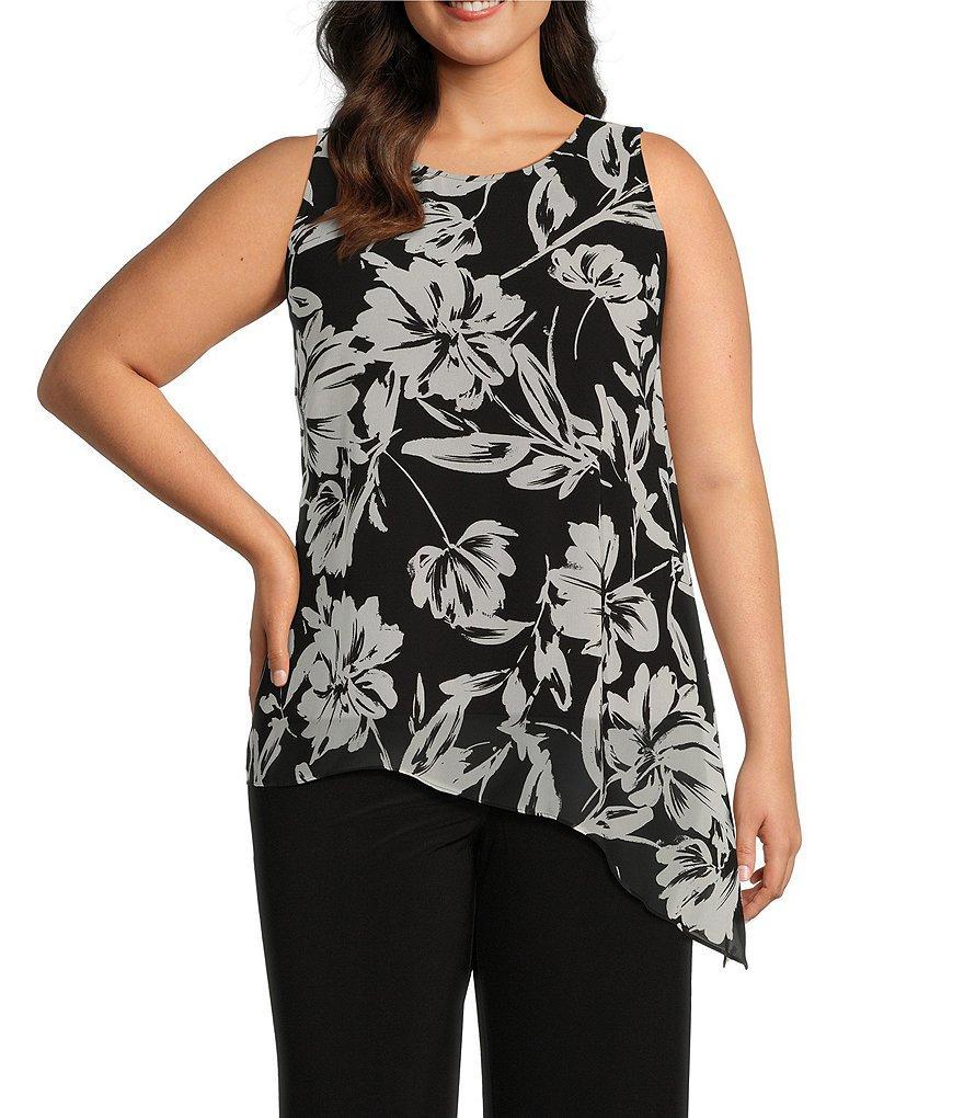 Investments Plus Size Soft Separates Floral Gestures Print Crew Neck Asymmetrical Hem Tank Top Product Image