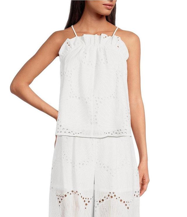 COREY LYNN CALTER Woven Eyelet Halter Neck Sleeveless Ruffle Tank Top Product Image