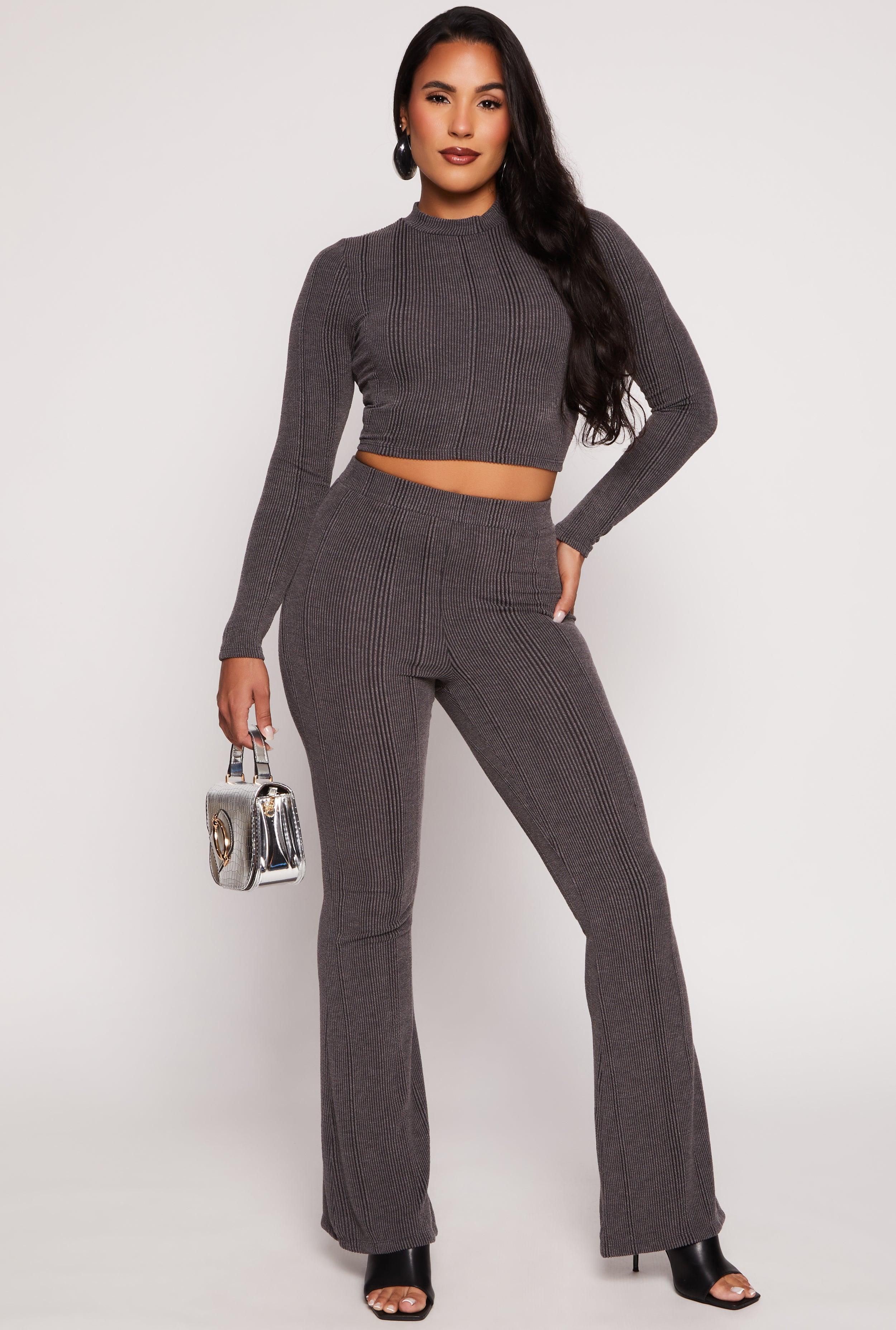 Womens Ribbed Knit High Waisted Flare Pants product image