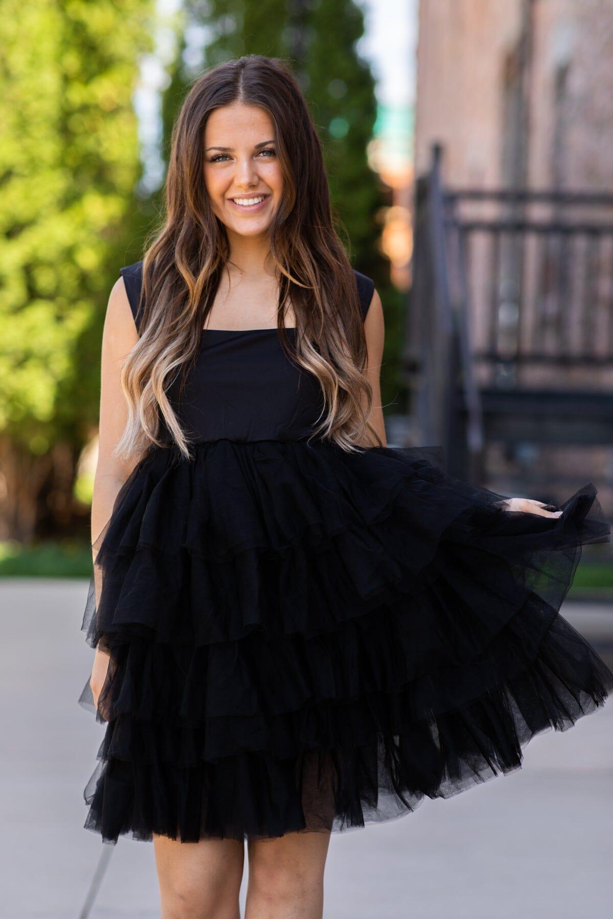 Black Square Neck Tulle Skirt Dress Product Image