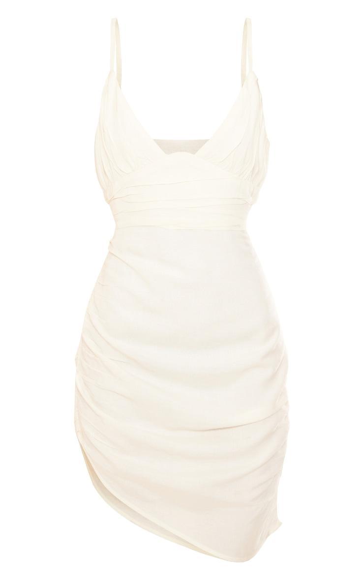 Cream Linen Look Plunge Pleated Detail Strappy Bodycon Dress Product Image