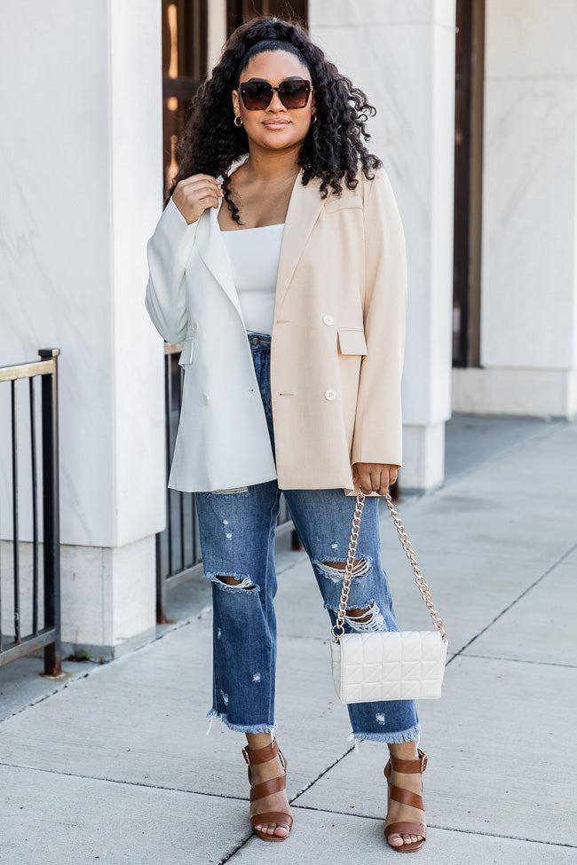 Full Disclosure Beige And Ivory Splice Colorblock Blazer FINAL SALE Product Image