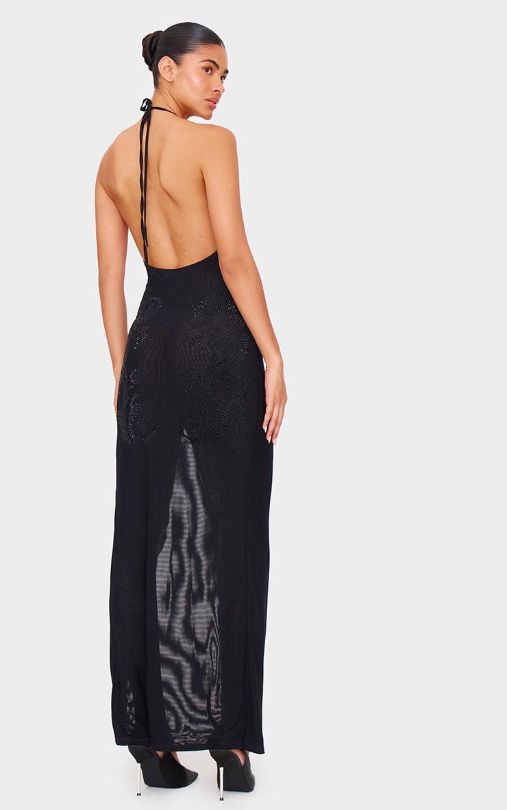 Black Lined Mesh Diamante Detail Split Maxi Dress Product Image