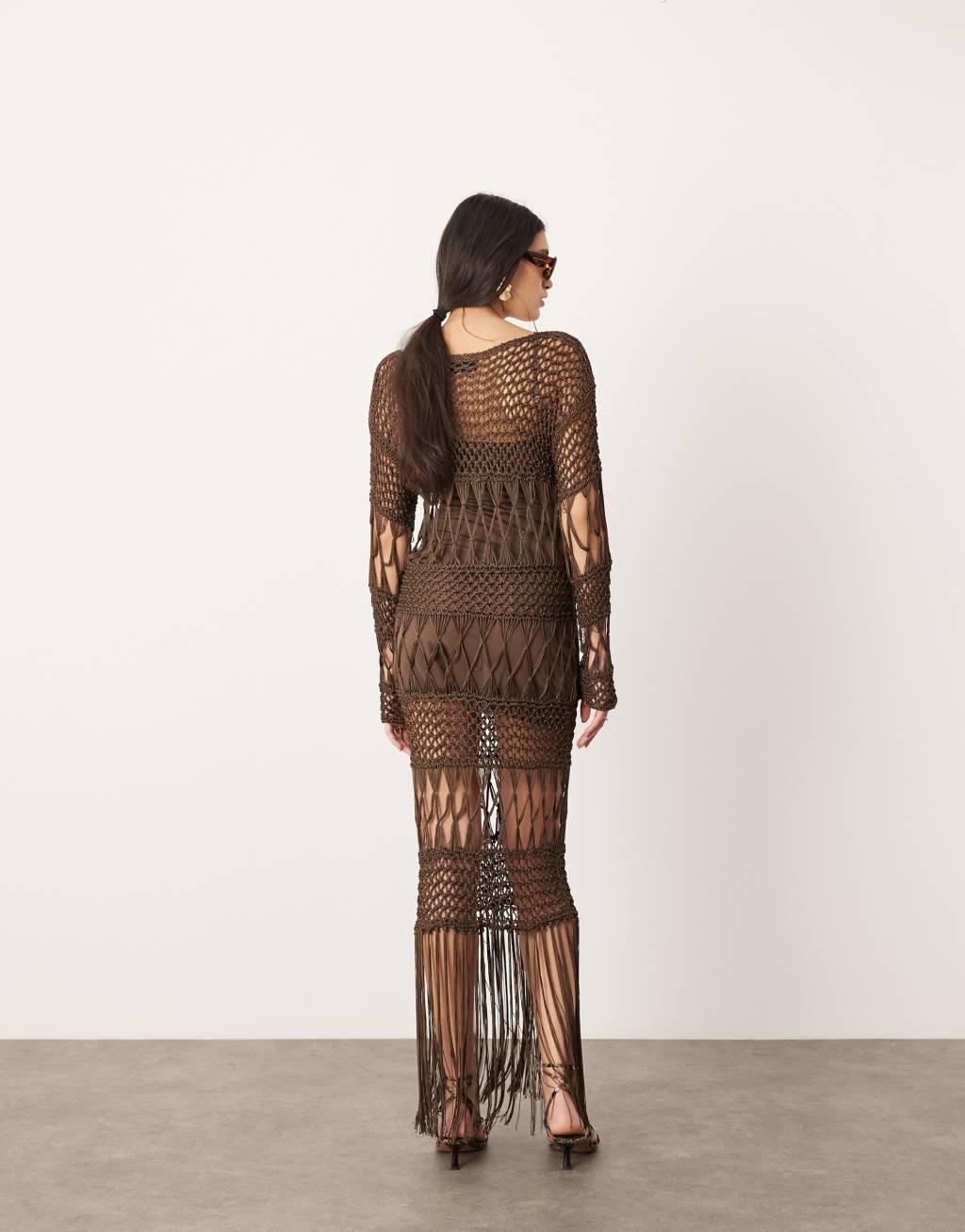 ASOS EDITION long sleeve macrame knit maxi dress in brown Product Image