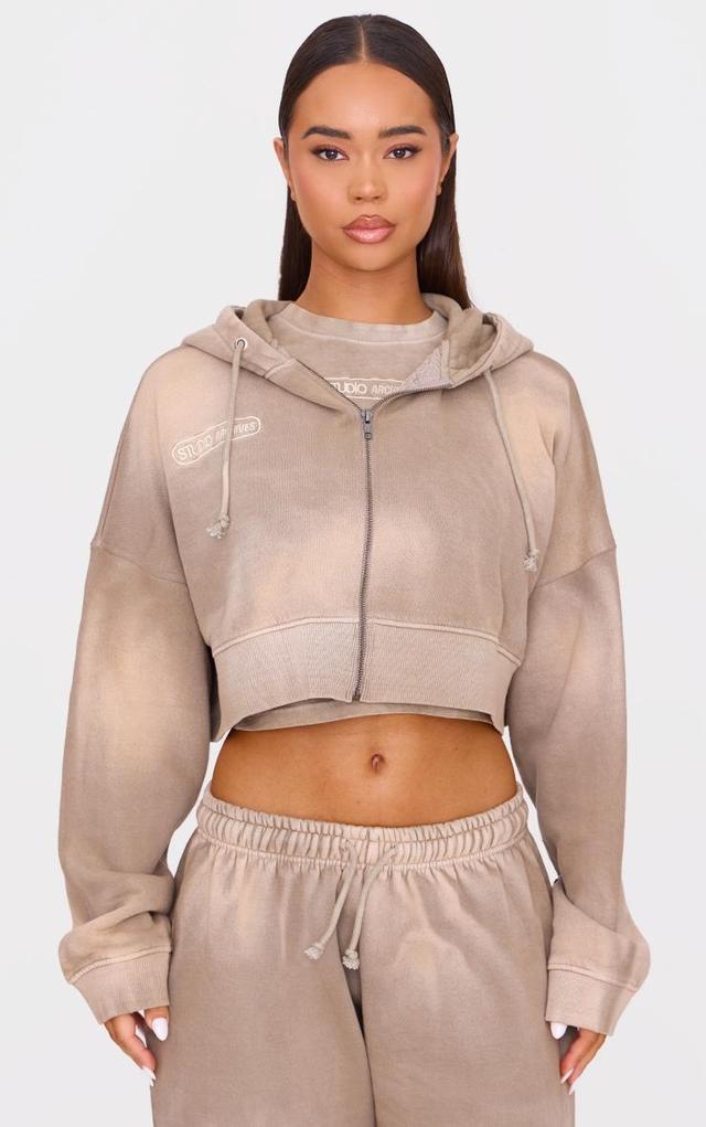 Brown Sun Bleached Cropped Zip Through Hoodie Product Image