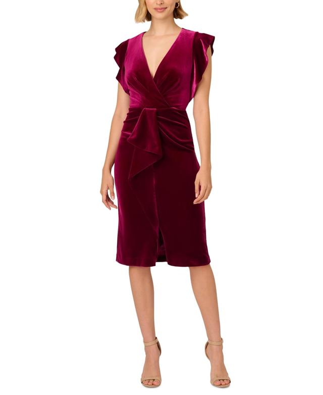 Adrianna Papell Womens Velvet Faux-Wrap Ruffled Dress Product Image