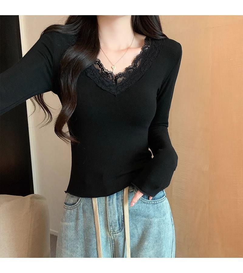 Long-Sleeve V-Neck Plain Lace Trim Slim Fit T-Shirt Product Image