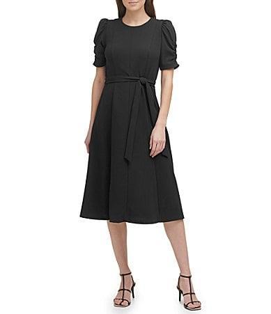 DKNY by Donna Karan Stretch Crew Neck Short Ruched Sleeve Fit and Flare Midi Dress Product Image