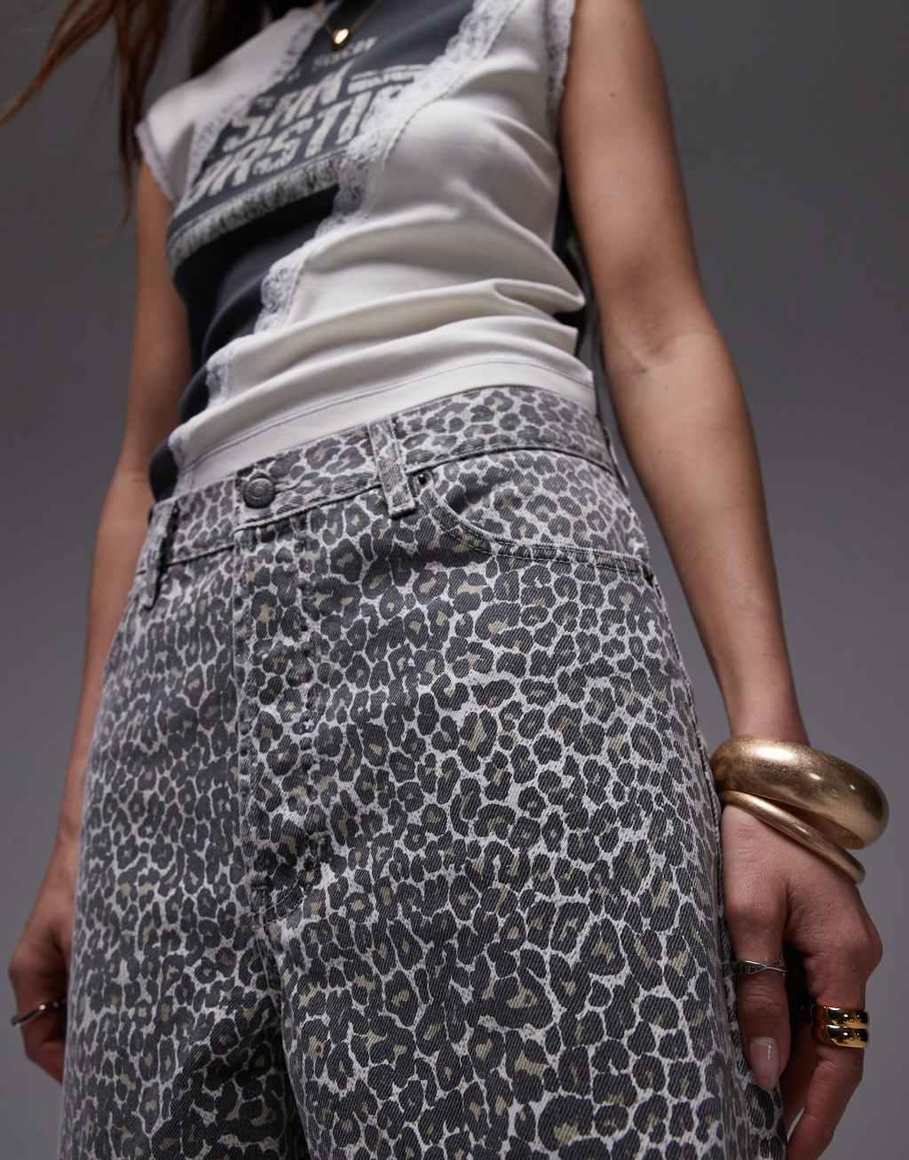 Topshop denim loose fit jort in leopard print Product Image