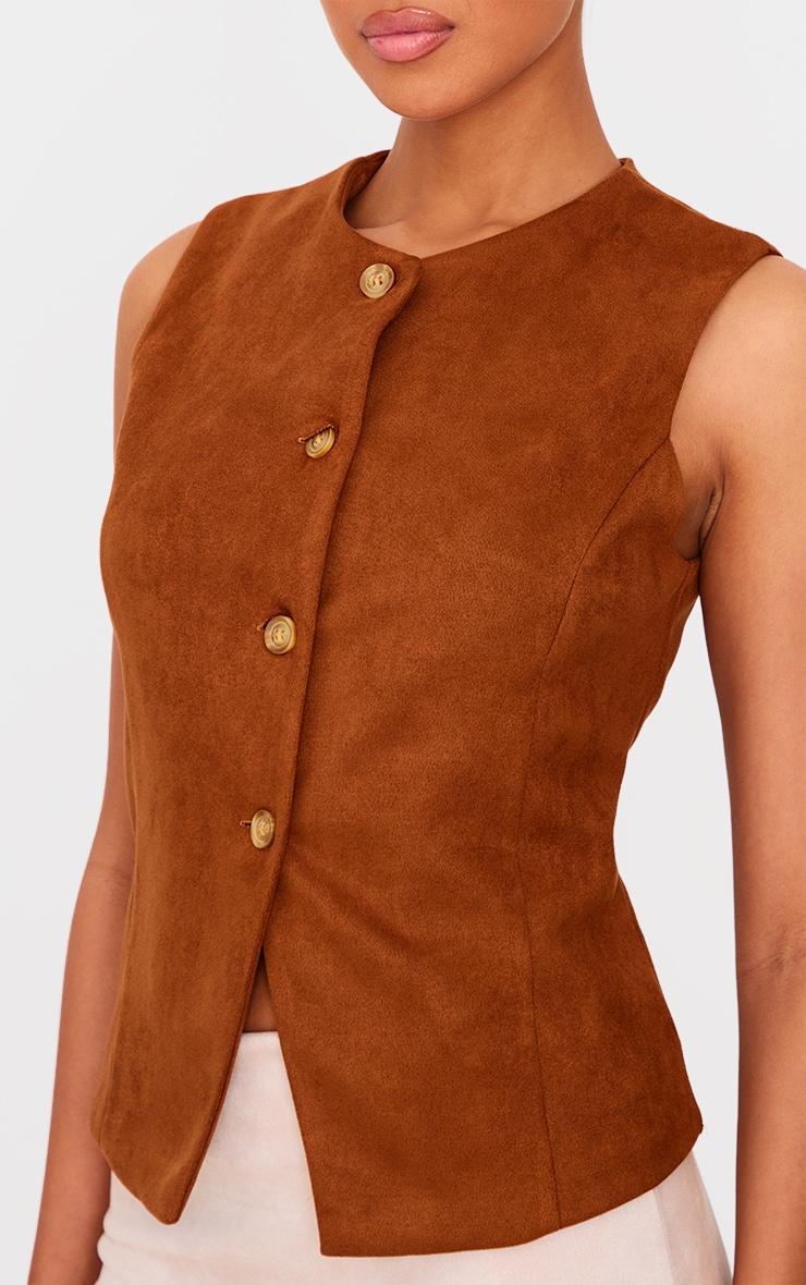 Brown Faux Suede Longline Button Up Vest Product Image