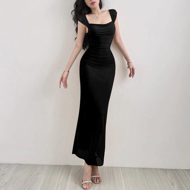 Cap-Sleeve Queen Anne Neckline Mesh Maxi Sheath Dress Product Image