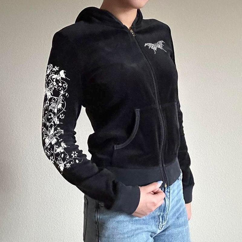 Butterfly Print Zip-Up Velvet Crop Hoodie Product Image