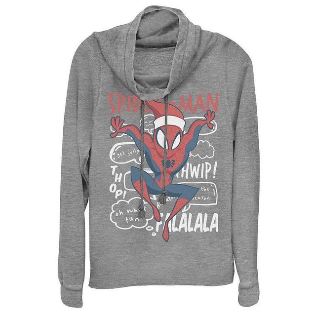 Juniors Marvel Spider-Man Santa Holiday Doodles Cowlneck Graphic Lightweight Long Sleeve, Girls Gray Grey Product Image