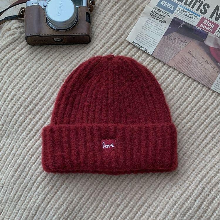 Heart Embroidered Ribbed Knit Beanie Product Image