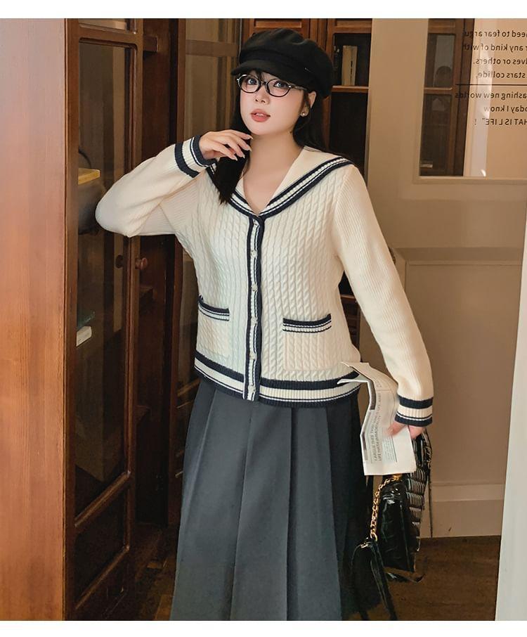 Sailor Collar Striped Cable Knit Cardigan Product Image