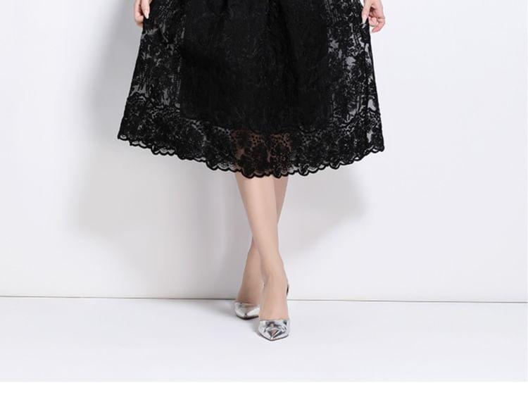 Set: Long Sleeve Crew Neck Plain Floral Embroidered Faux Pearl Button Mesh Top + High Rise Midi A-Line Skirt Product Image