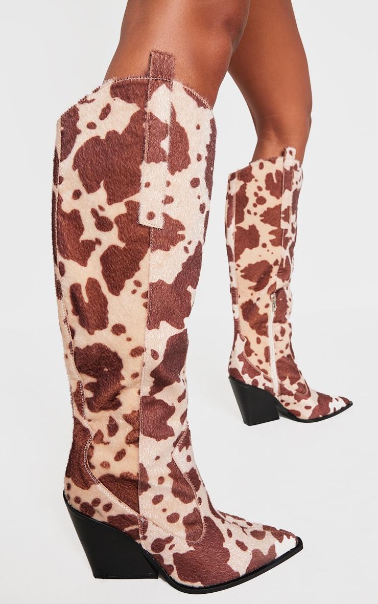 Beige Contrast Cow Print Point Toe Heeled Westerns Knee Boots Product Image