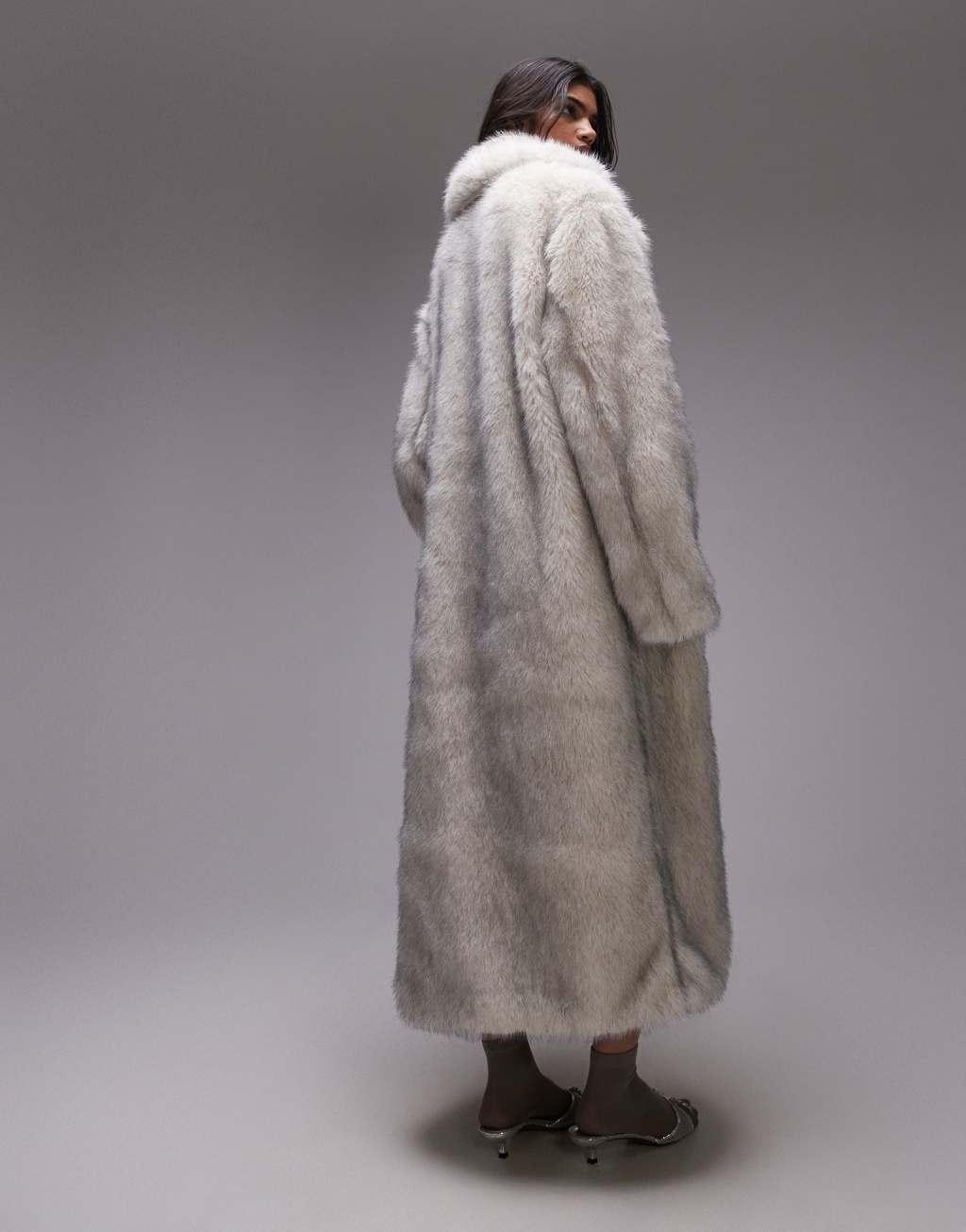 Topshop faux fur long coat in tipped white Product Image