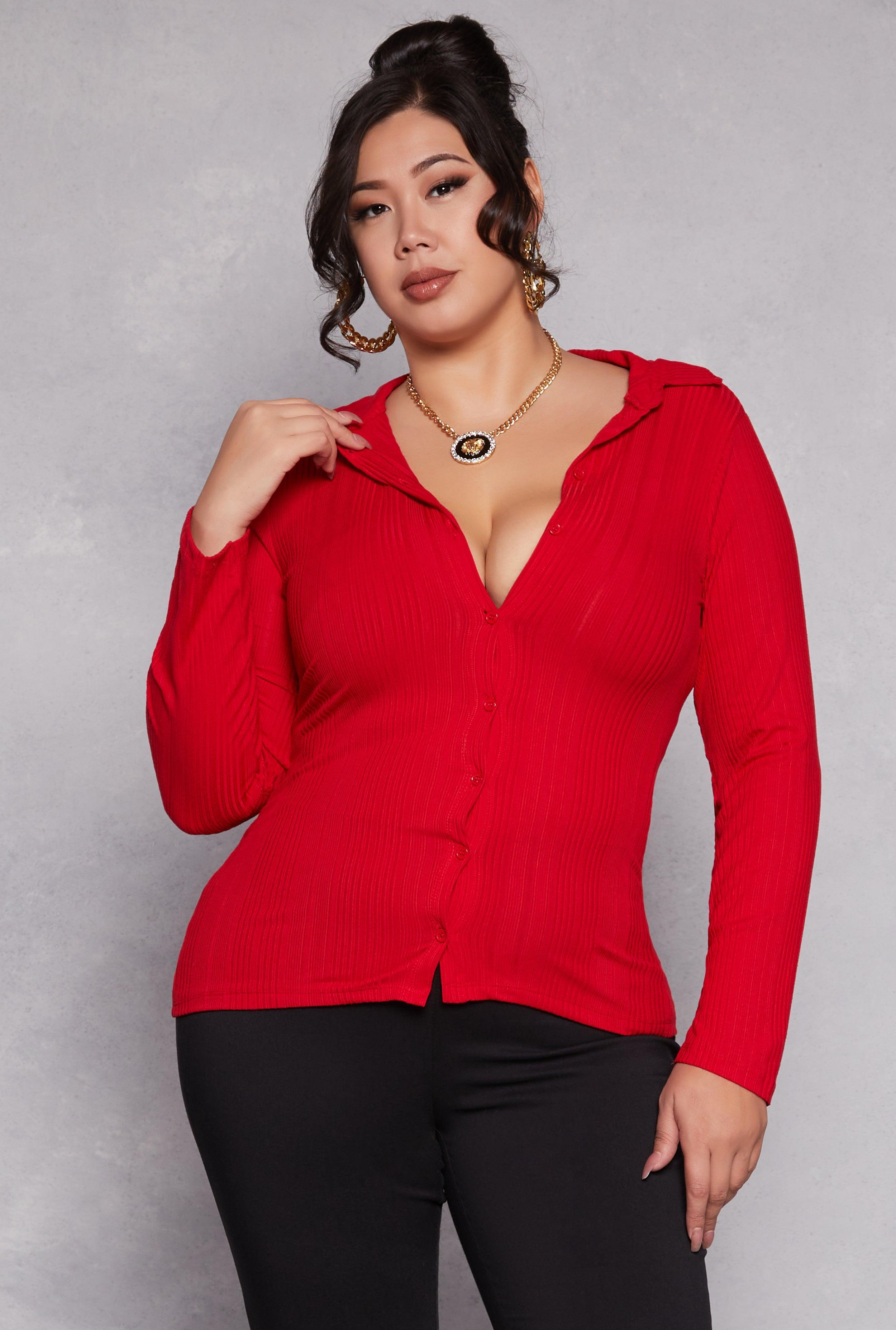 Womens Plus Size Ribbed Knit Button Front Top Product Image