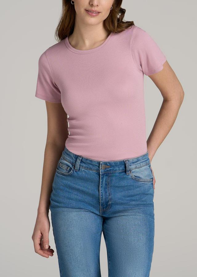 Short Sleeve Crew Neck Ribbed T-Shirt for Tall Women in Pink Peony Female Product Image